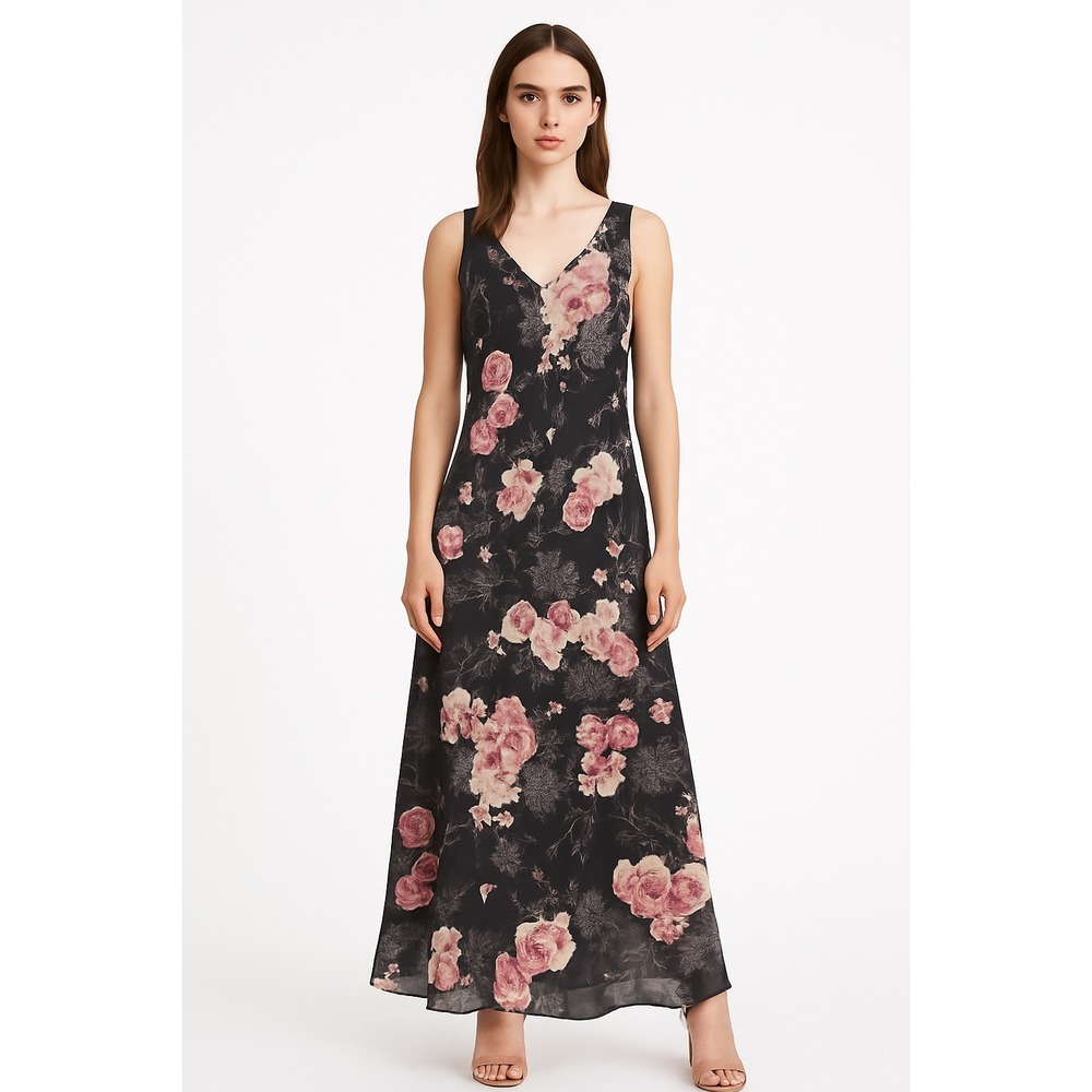 Sleeveless V-Neck Floral Maxi Dress in Black and Pink